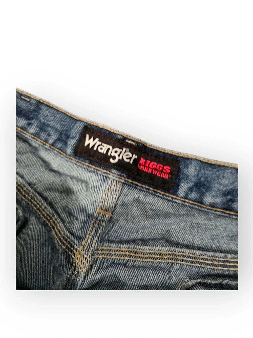 Wrangler Riggs Workwear Carpenter Jeans 38x34 Leather Pocket Clip Blue Denim